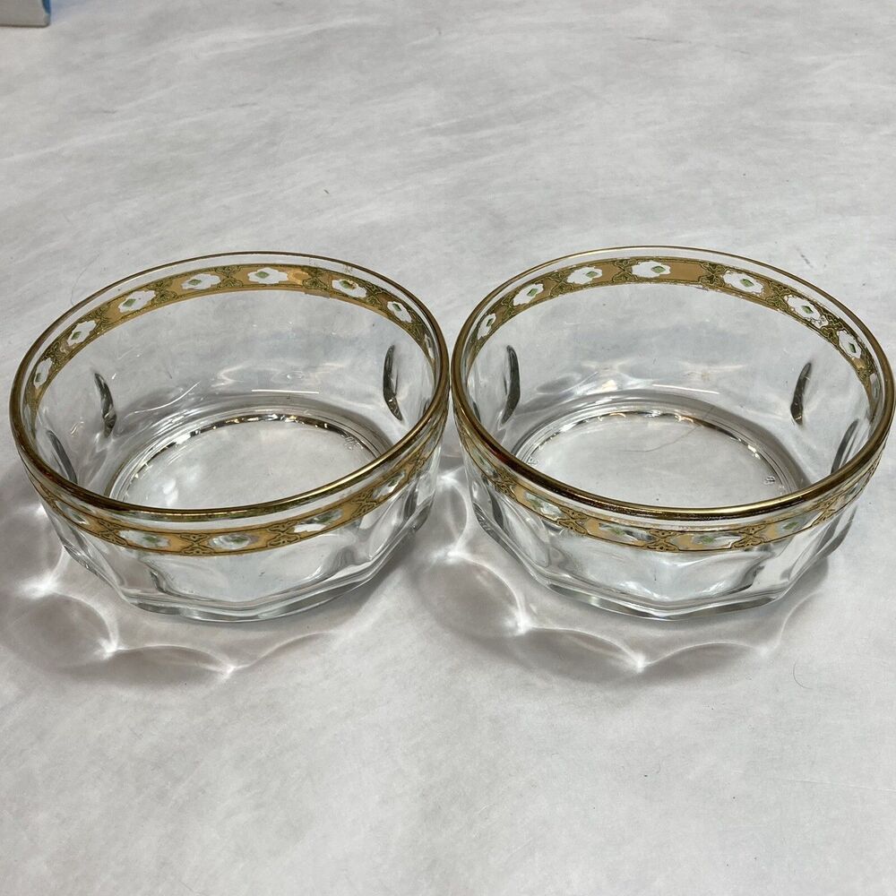 Set of 2 Vintage Arcoroc France Glass Gold Trimmed Small Bowls